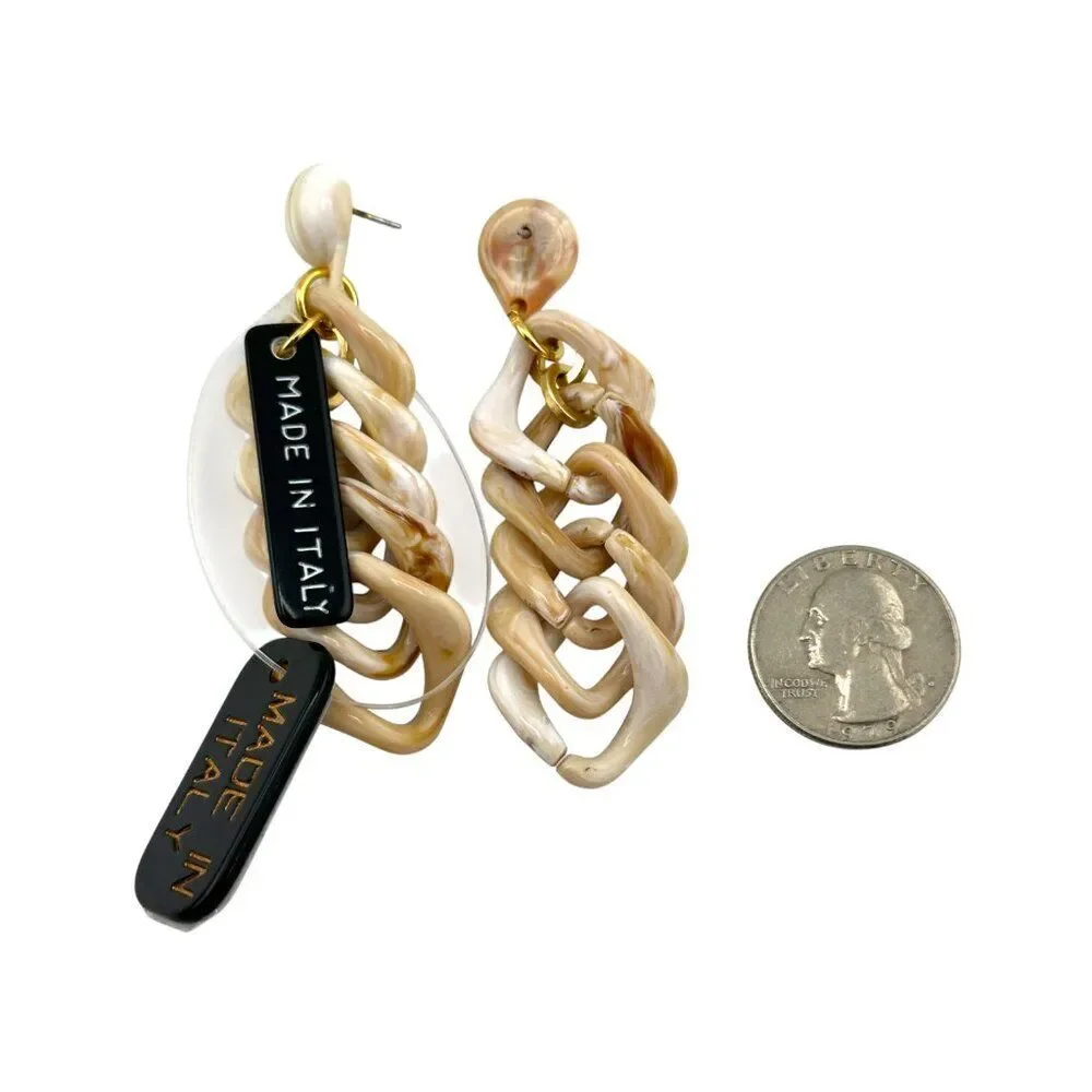 Alisha D Chunky Chain Earrings Made Italy Beige Marble Acrylic Gold Tone